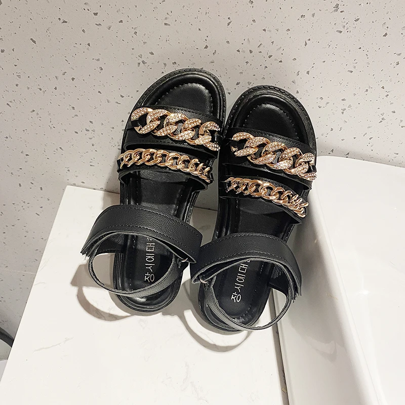 

Summer New Flat Trends Sandals British Style Metal Link Velcro Embroidery Thick-soled Casual Roman Fragrance Designer Shoes Star
