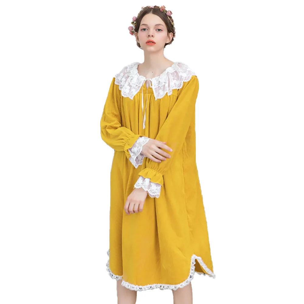 New Pink Sweet In Autumn and Winter Flannel Women's Nightdress Lovely Embroidered Long Sleeve Palace Retro Home Wear Women Dress