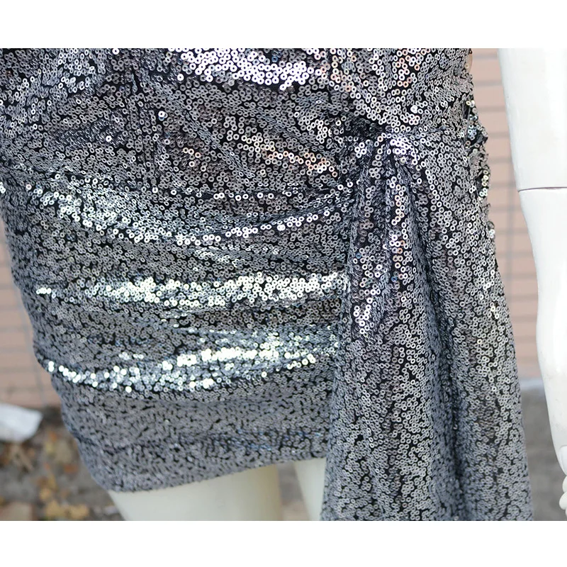 

Sexy One Shoulder Dress Women Glitter Silver Party Club Mini Dress Asymmetric V-neck mesh patchwork Bodycon Sheath Vestidos