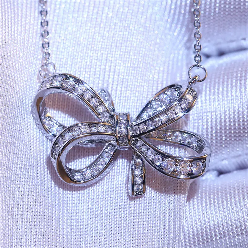 

Bowknot Pendant Pave AAAAA cz Stone 925 sterling silver Party Wedding Pendant necalace for women Bridal Statement Jewelry Gift