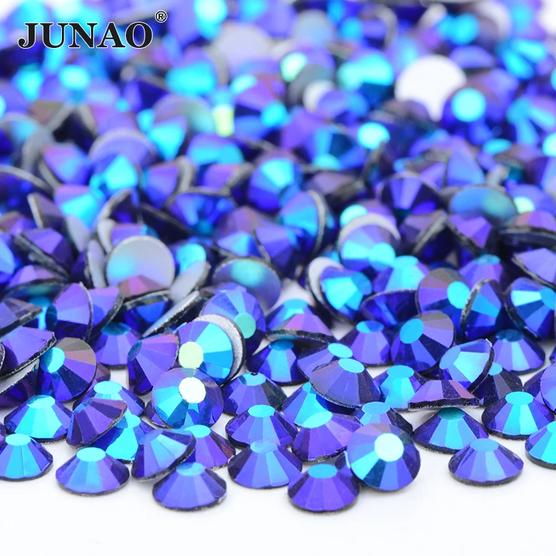 

JUNAO SS6 8 10 12 16 20 30 Black AB Glass Nail Art Rhinestones Flatback Non Hot Fix Strass Crystal Applique for Decoration