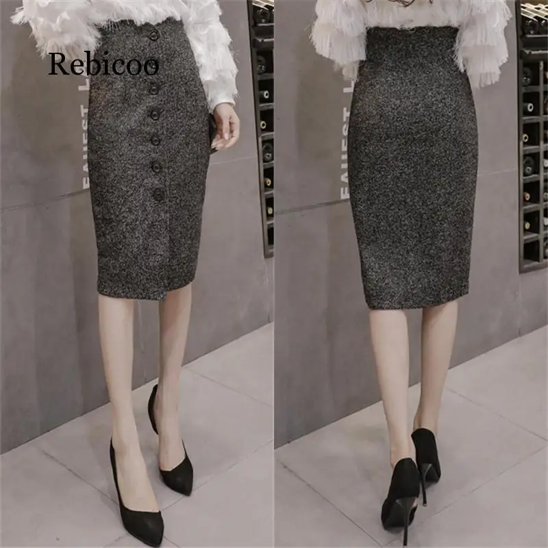 

High waist wool button pencil long skirt autumn and winter woolen wool vintage high waist slim bag hip skirt