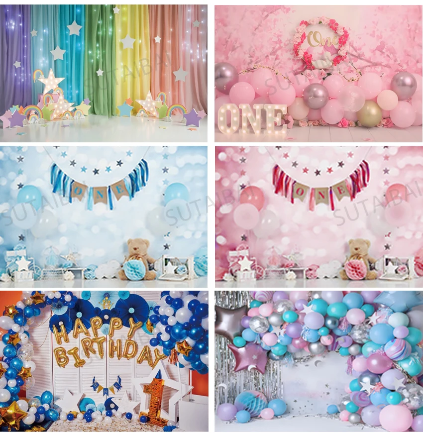 

Newborn Baby 1st Birthday Cake Balloons Smash Party Photography Backdrops Photographic Backgrounds for Photos Studio Props