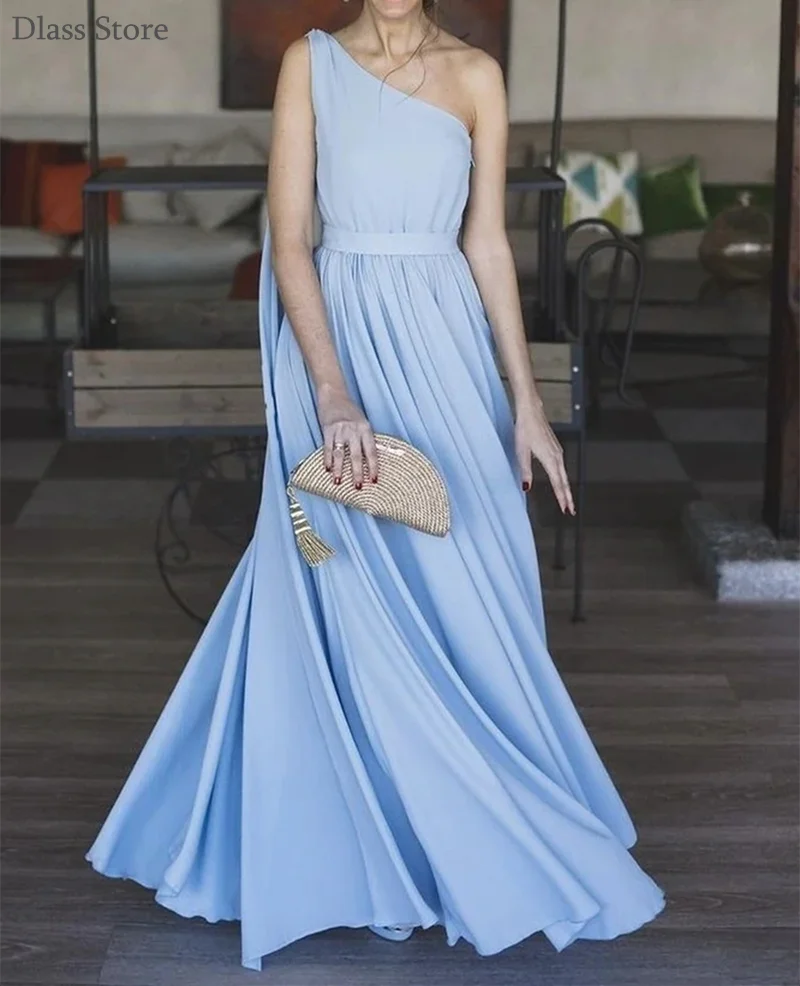 

Sky Blue Evening Dress A-line Floor Length One Shoulder Simple Sleeveless Satin For Wedding Prom Dressплатья знаменитостей
