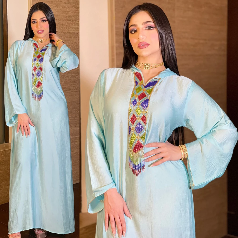 Платье с бахромой и капюшоном Jalabiya для женщин, мусульманская модная абайя с цветными блокировками, Дубай, арабский Оман, этническая Jelleba, пра...