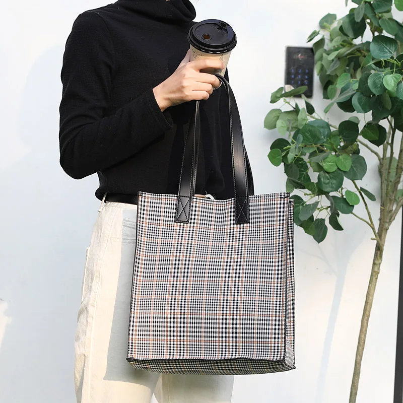 

Casual Thousand Birds Plaid Cloth Handbag Ins Soft Leather Large Capacity Shoulder Bag for Women Street Snap Vintage Tote Bag