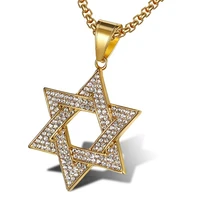 hip hop iced out star of david pendant with chain stainless steel rhinestone gold color mens bling street jewelry dropshipping