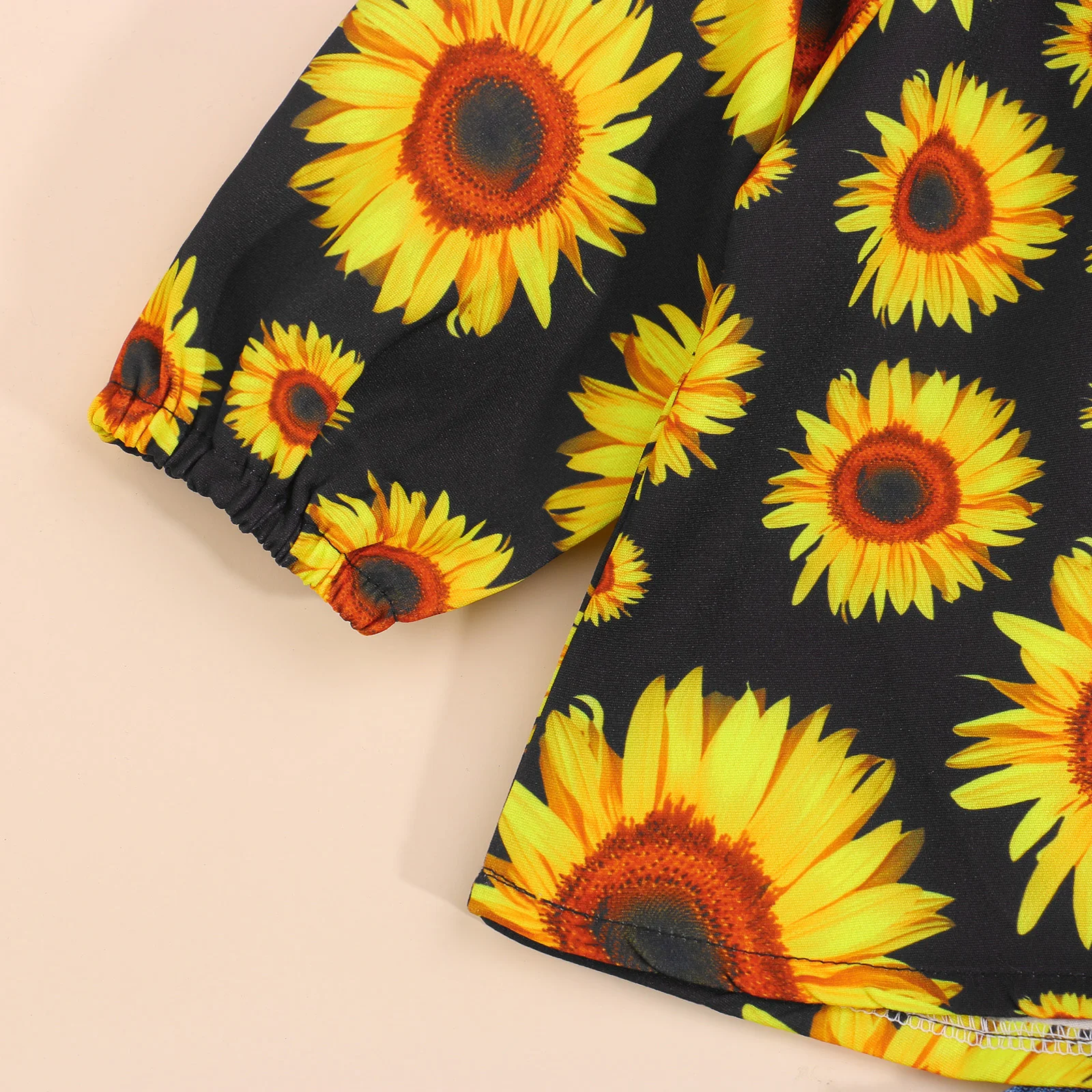 2021 0-3Y Casual Kids Baby Girl Clothing Set Sunflower Print Off Shoulder Long Sleeve Top+Patch Denim Pants Autumn 2pcs | Детская одежда