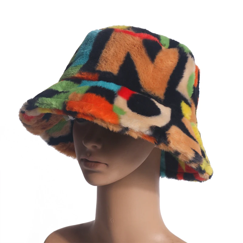 Winfox New Fashion Soft Rainbow Faux Fur Letter Bucket Hats For Women Warm Caps Winter 2020