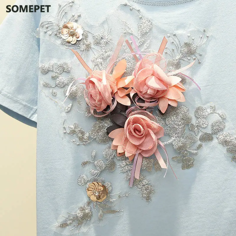 

Plus Size T Shirt for Women Korean Fashion Embroidery Lace Flower Femme Shirt Tops O Neck Student Loose Casual Tee Tshirt