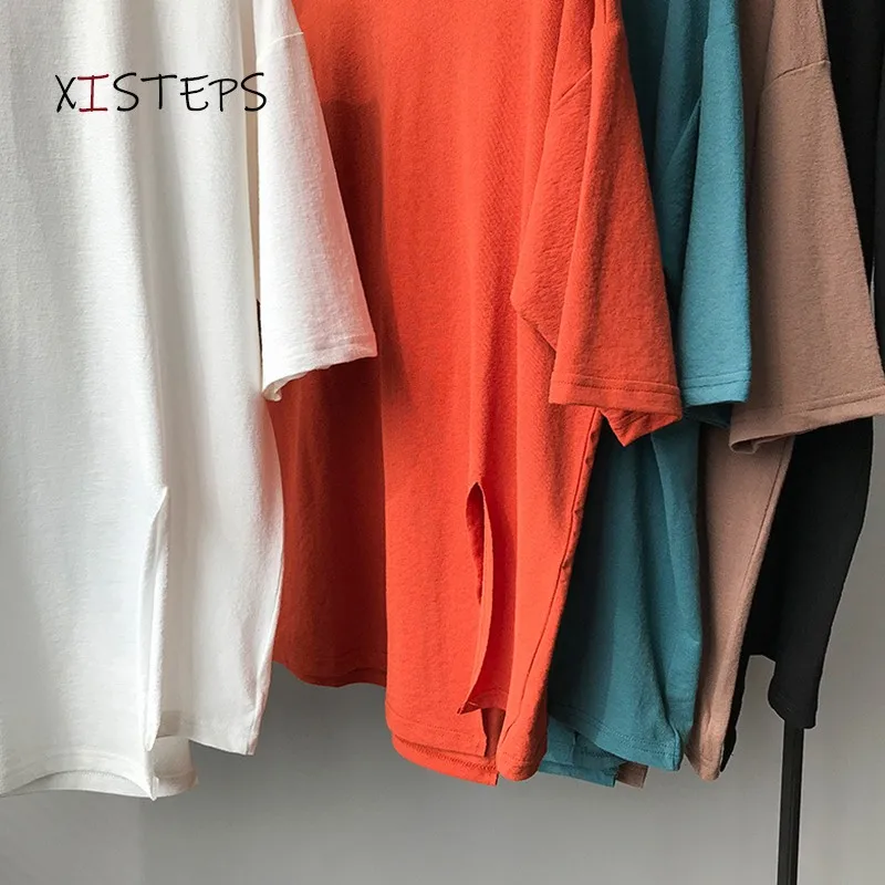 

Oversized Cotton Tees Shirts Women 2021 Summer Half Sleeve Long T-shirts White Green Orange Long Tops Femme Friends Clothes