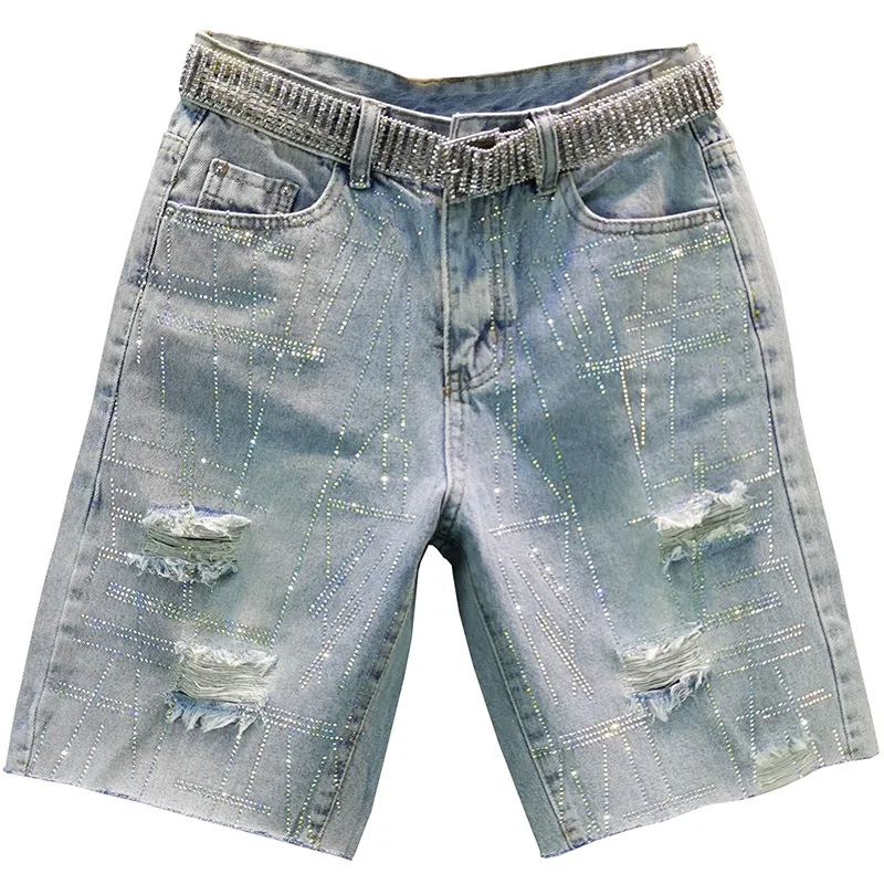 

thin denim shine rhinestone women jeans summer new high waist pocket high waist distressed knee-length casual female jeans