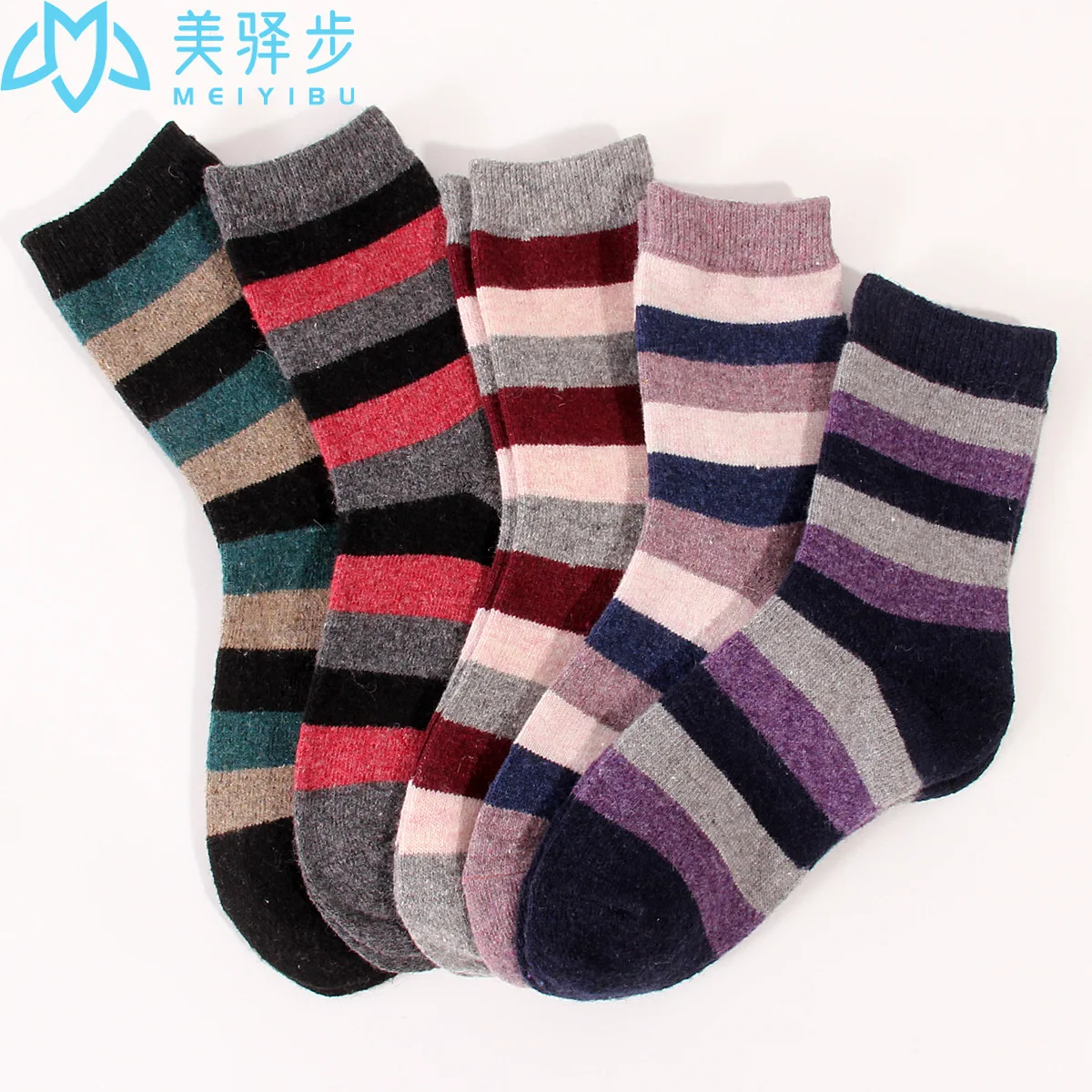 Thick Stripes Winter Warm Female Wool Socks 12 PAIRS PER SET