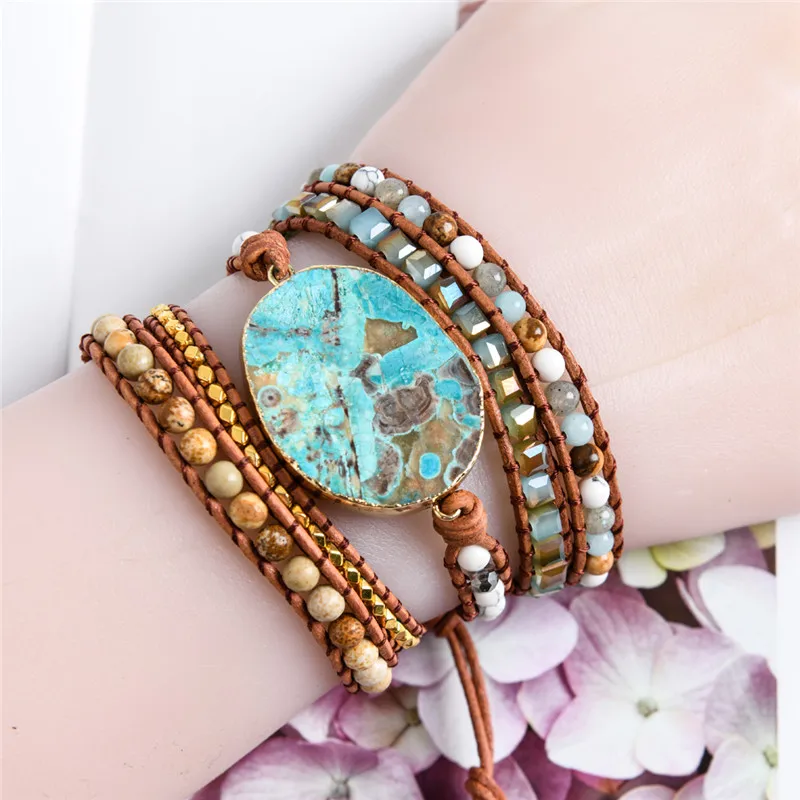 5 шт. кожаный браслет с бусинами огромный OceanStone шикарные украшения богемный