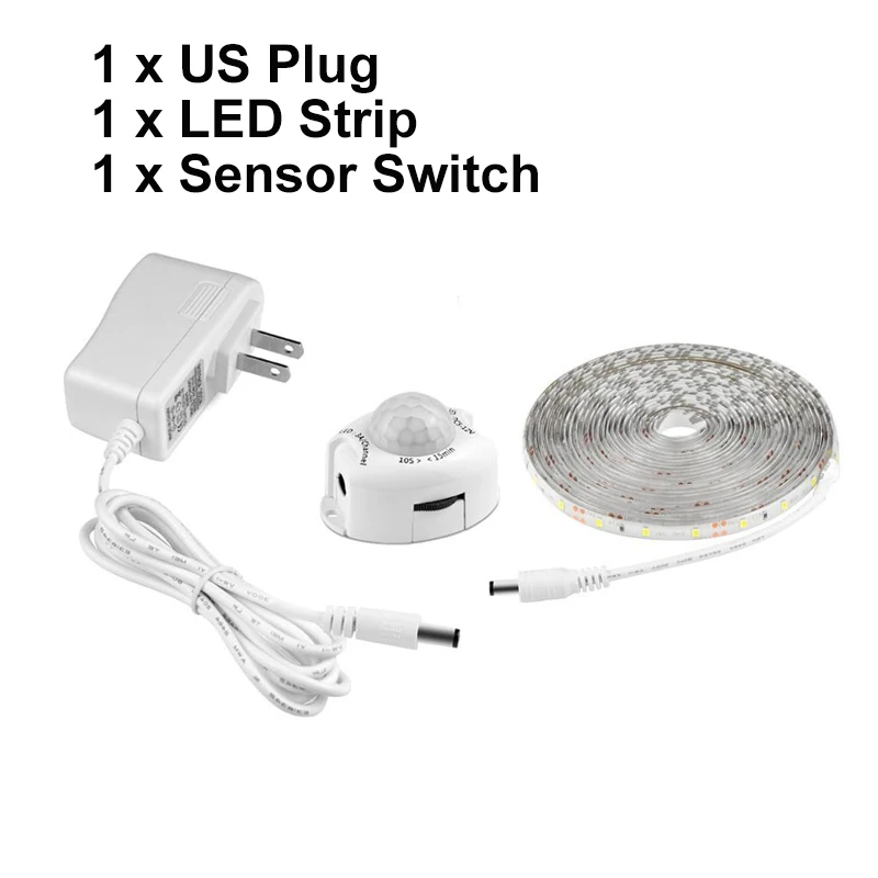 1 set With US Plug Светодиодная лента 1 м/2 м/3 м/4 м/5 м, 12 В, датчик движения, светильник под шкаф, кухонный светильник, шкаф, кровать, комната, светильник, полоса, лампа - Цвет: 1 set With US Plug