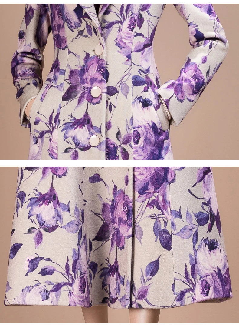 

2021 Spring New Arrival Fashion Floral Print Long Woolen Coat for Women