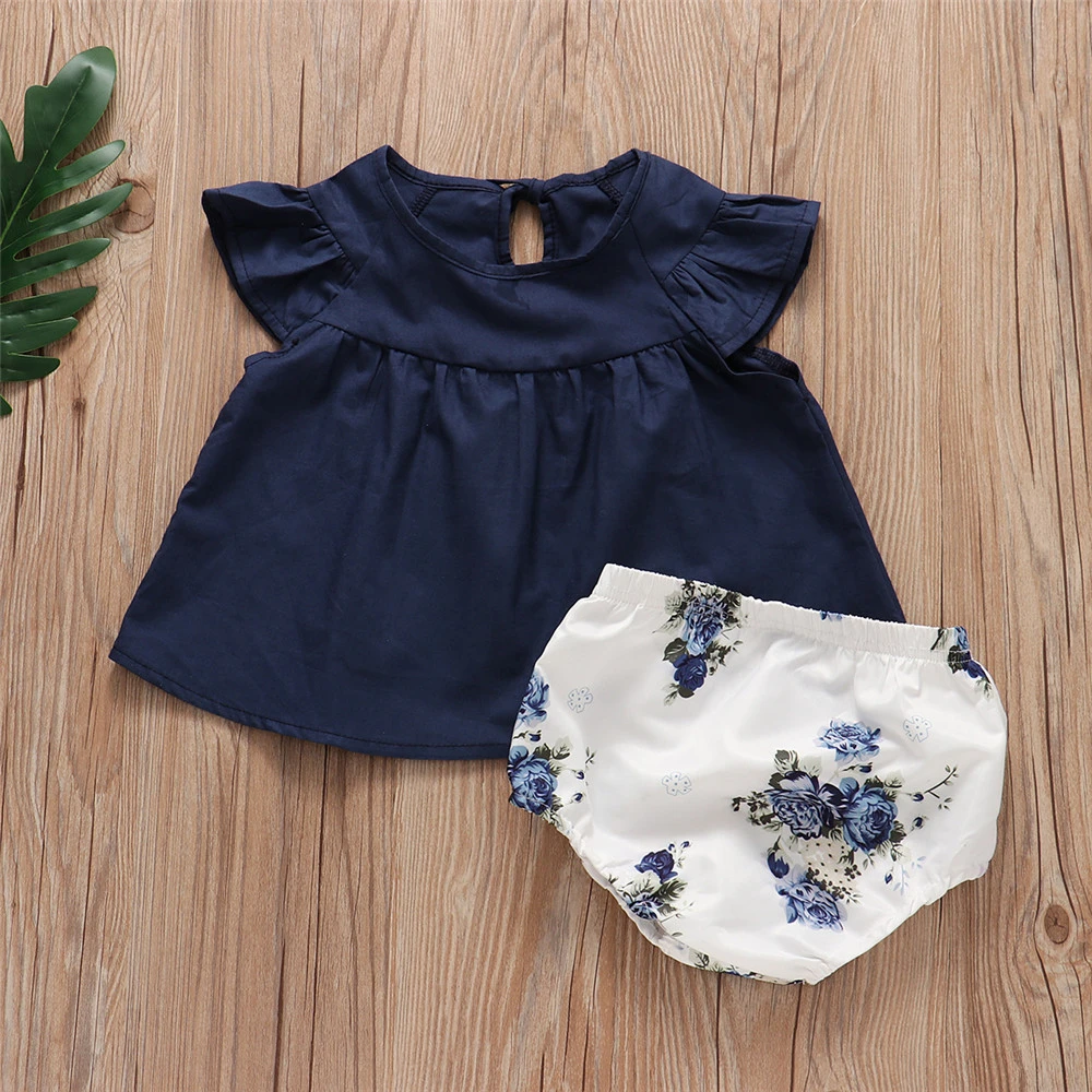 

Cotton Infant Baby Girl Clothes Set Summer Toddler Girls Flying Sleeve Pleated Skirt+Floral Shorts 2020 Girl 2Pcs Clothing Suit