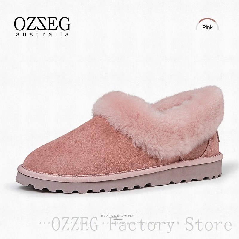 OZZEG; Роскошная брендовая дизайнерская обувь; женская зимняя обувь из натуральной замши на плоской подошве; лоферы с австралийским овечьим мехом; женская обувь; повседневная обувь - Цвет: Розовый