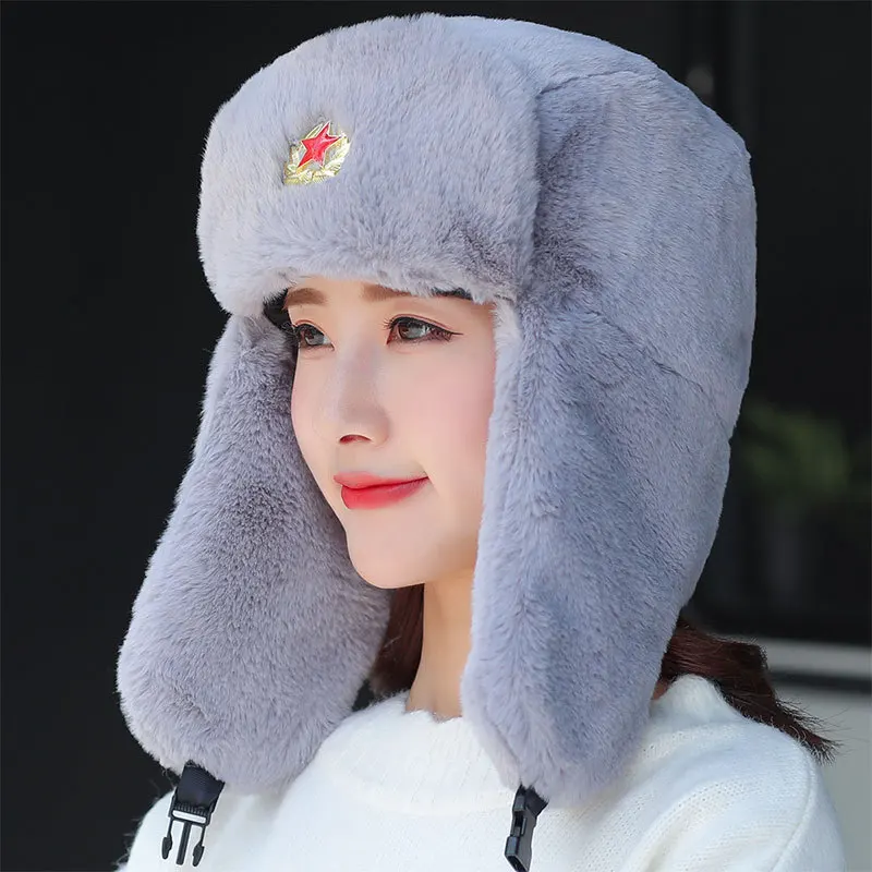 Зимняя шапка MS теплая унисекс авиатора из кроличьего меха с пятиконечной звездой