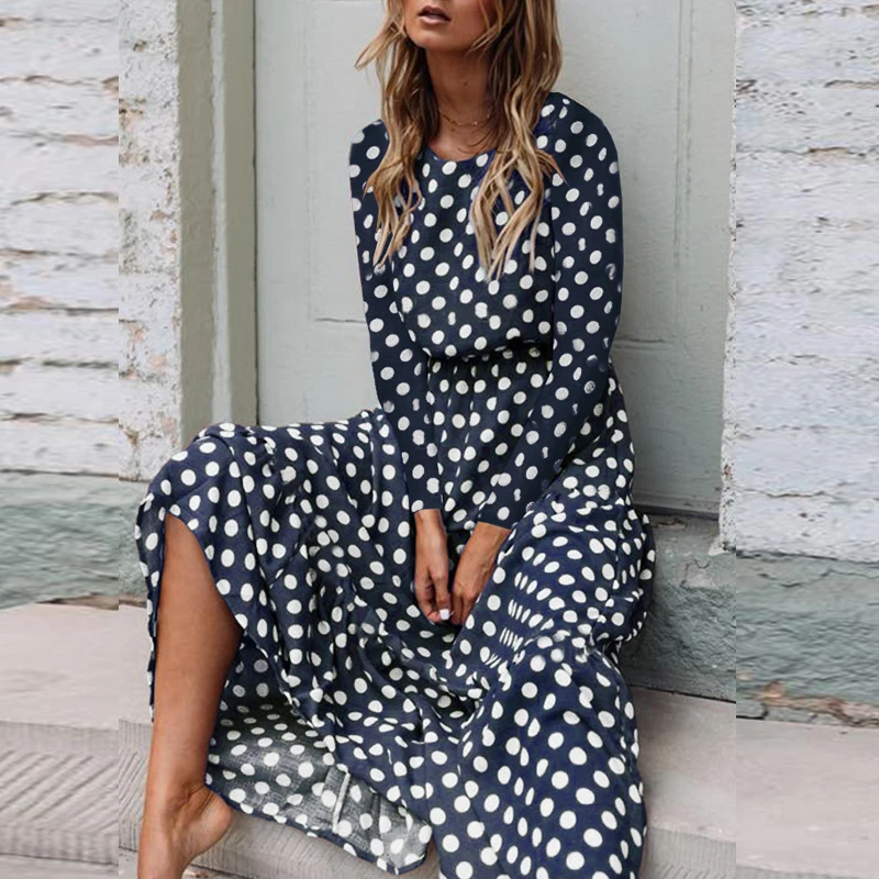 Lipswag женское платье макси в горошек с оборками Boho Осень-зима Повседневные
