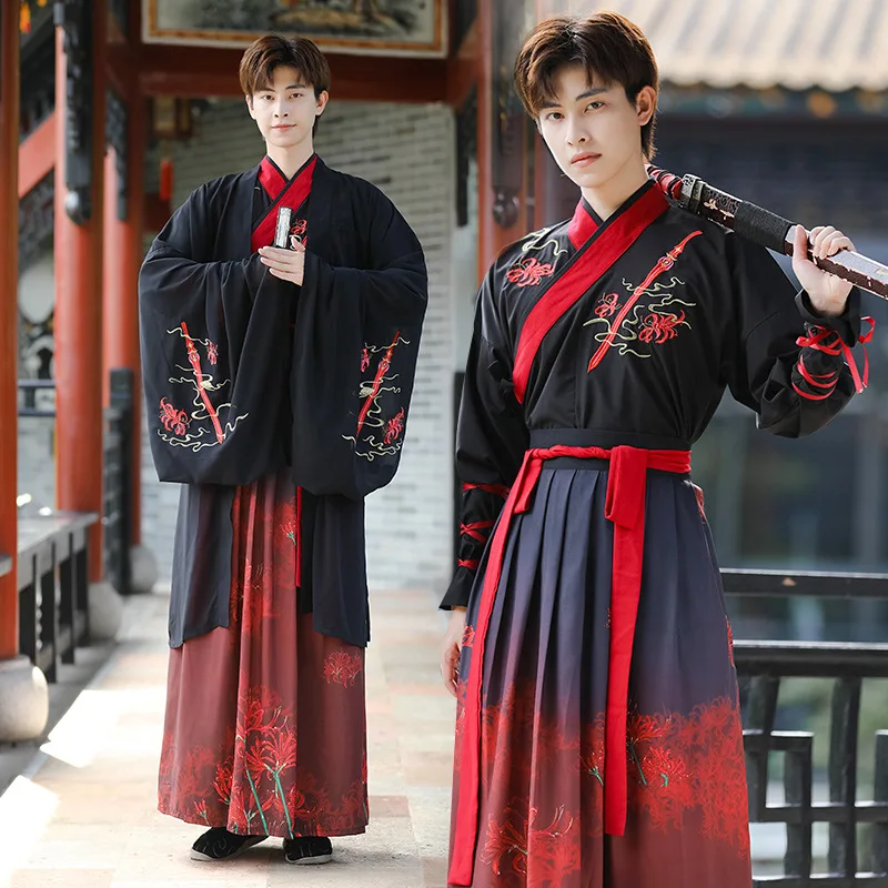 

Tang Dynasty Ancient Chinese Hanfu Men Black Dress Folk Dance Clothes Plus Size Swordsman Clothing Traditional Cosplay Costumes