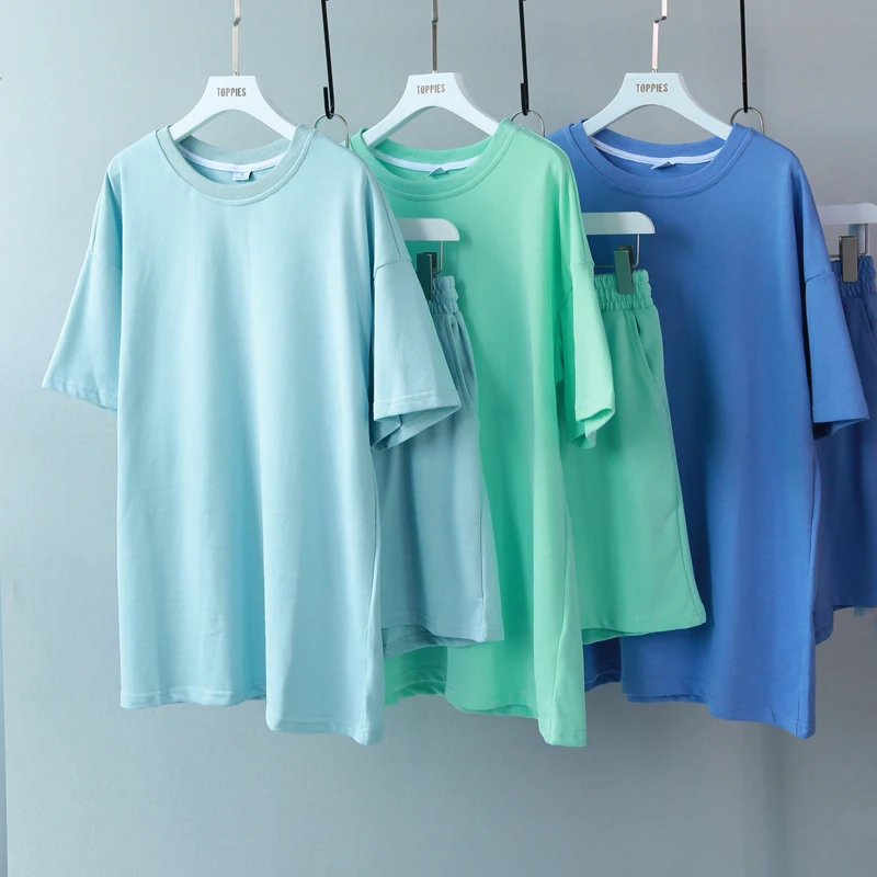 

Toppies Summer Tracksuits Womens Two Peices Set Leisure Outfits Cotton Oversized T-shirts High Waist Shorts Candy Color Clothing