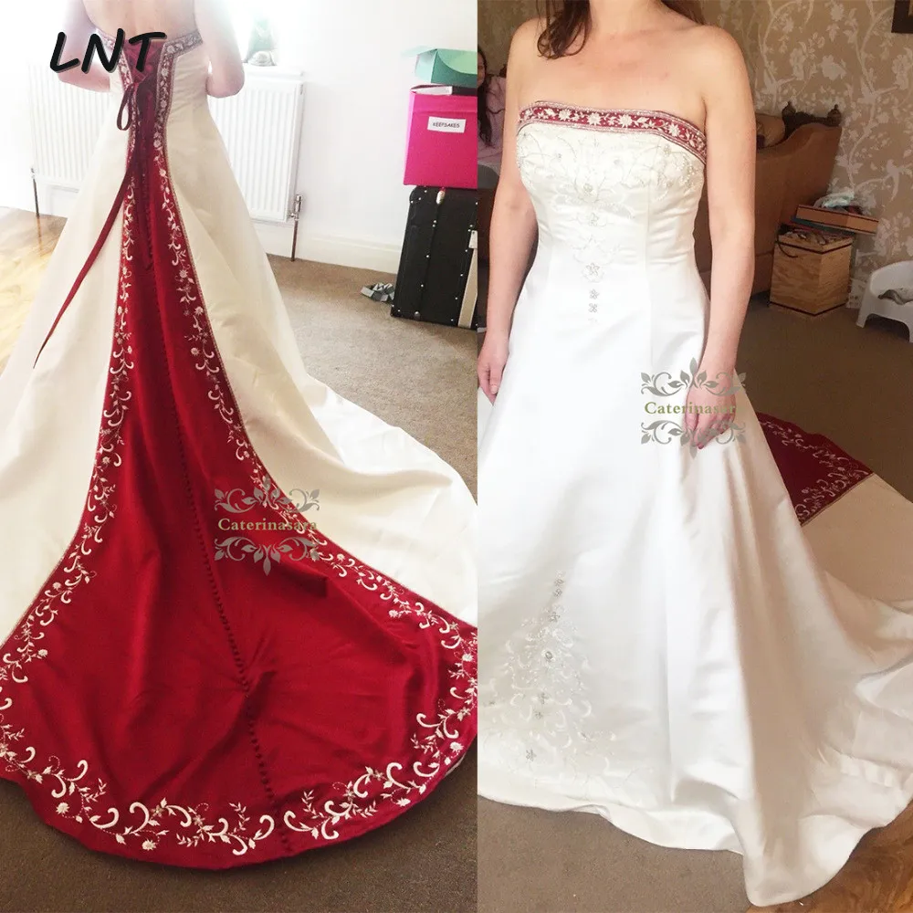 

Strapless Embroidered Bridal Dresses with Beads Floor Length Long Wedding Dresses with Corset Back