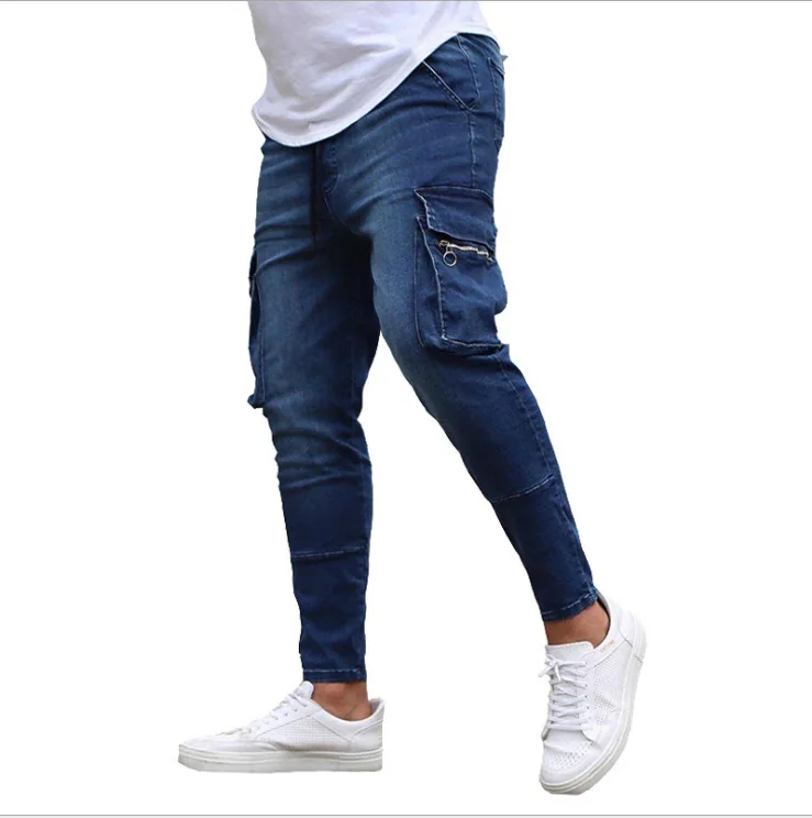 Black Jeans Men Slim Fit Multi-Pockets Zipper Cowboy Cargo Pants Male Casual Stretch Skinny Blue Jeans Pantalones