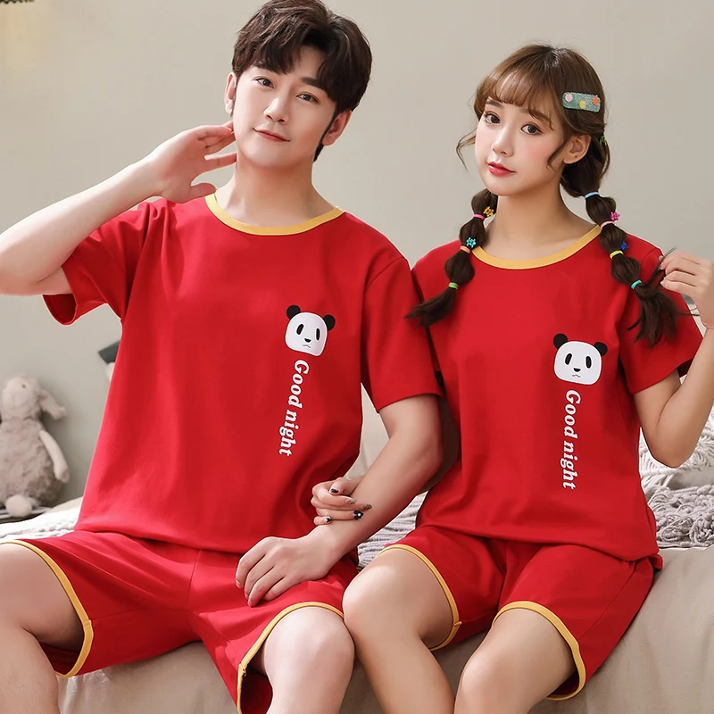 

Couple Nightwear Suit Summer Sweet Cute Panda Pattern Short Sleeve Pajamas Cotton Homewear Men Big Yards M-XXXXL Pijamas Mujer