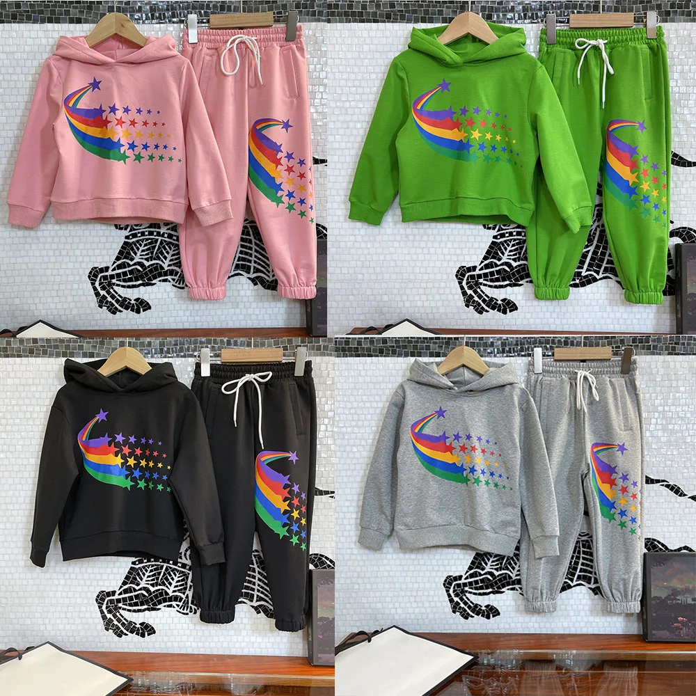 

Brand design 2021 new boys' and girls' clothes color star printing hooded Pullover long sleeve + trousers 2-piece set
