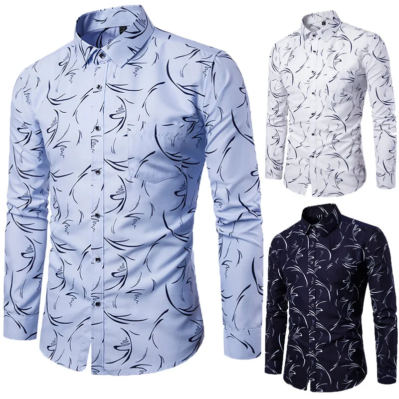 Fashion Men's Cotton Shirt Casual Print Flower Long Sleeve Shirts Clothes Top for Men M-5XL