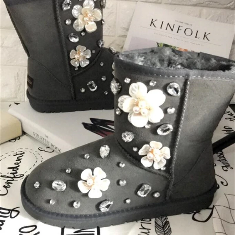 Женские сапоги ручной работы из искусственной кожи с жемчужинами и хлопковой