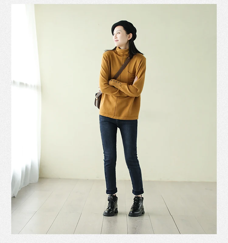 Новинка, весенний женский свитер, Ретро стиль, свободные пуловеры, топы для девушек, водолазка с карманом, Повседневный, универсальный свитер, одноцветные Топы