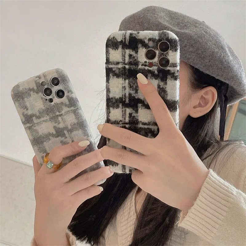 

Модный чехол для телефона с рисунком «гусиная лапка» из плюшевой ткани для iphone 13, 12, 11 Pro, XS Max, 7, 8 plus, задняя крышка, мягкие пушистые Чехлы, милый чехол