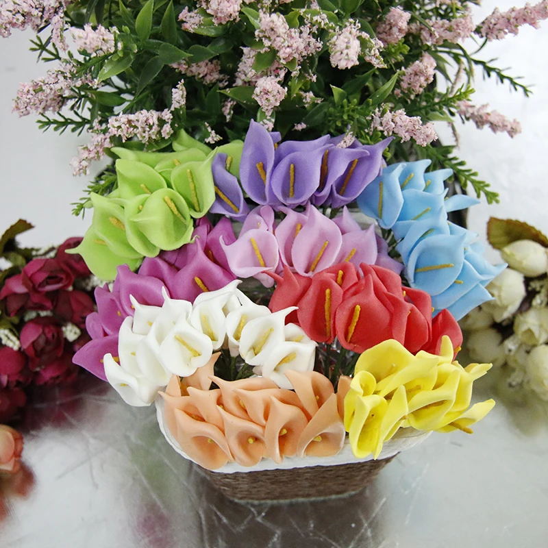 

12pcs/lot Decorative Flowers Calla Lily Artificial Flower PE Home Decoration Party Wedding Bouquet Stamen Fake Flowers