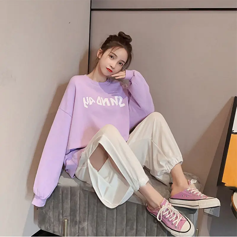 

2021 cotton Korean version simple loose spring and autumn printing long sleeve T-shirt