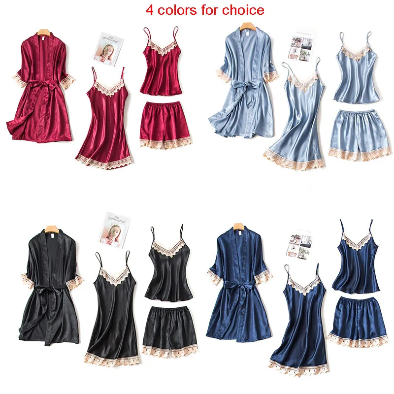 

Women Sexy Robe 4 PCS Set Nightgown Homewear Lady Autumn Silky Nightwear Kimono Bathrobe Gown Lace Intimate Lingerie Sleepwear