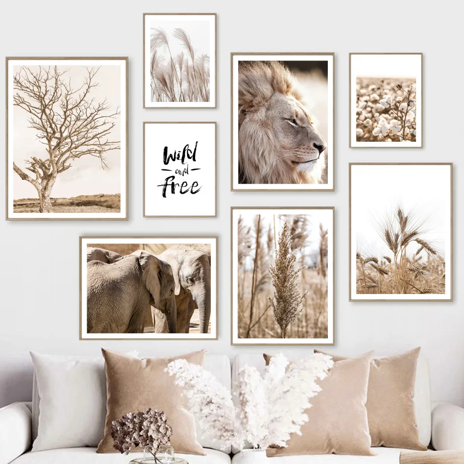 

Lion Elephant Cotton Dry Tree Reed Wheat Beige Wall Art Prints Canvas Painting Nordic Poster Wall Pictures For Living Room Decor