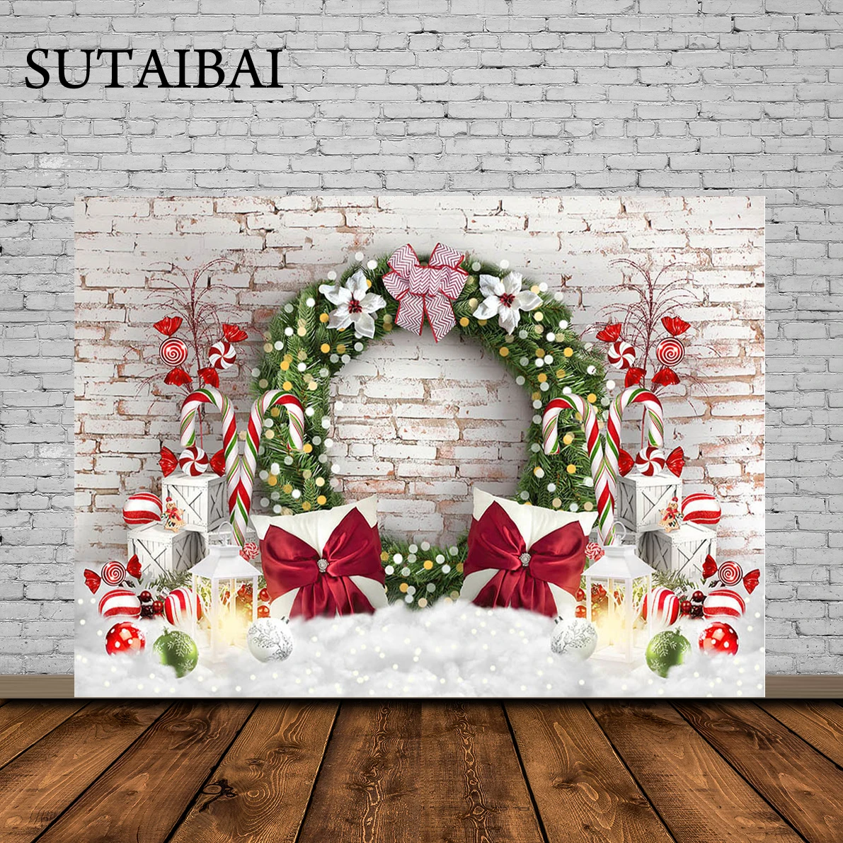 

Christmas Backdrop White Brick Wall Wreath Newborn Photography Background Kid Birthday Portrait Photoshoot Studio Props