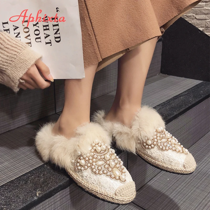 Aphixta Зимние Теплые Тапки из натурального меха женская обувь кружевные жемчужные