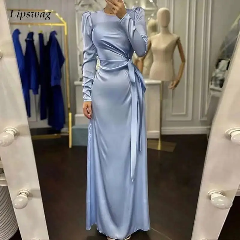 

Элегантное женское Атласное Платье макси с высоким разрезом, однотонное модное вечернее платье с длинным рукавом, сексуальное длинное плат...