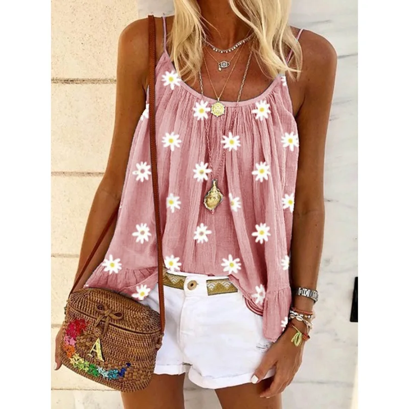 

Summer women's wear daisy print suspender vest T-shirt for women
