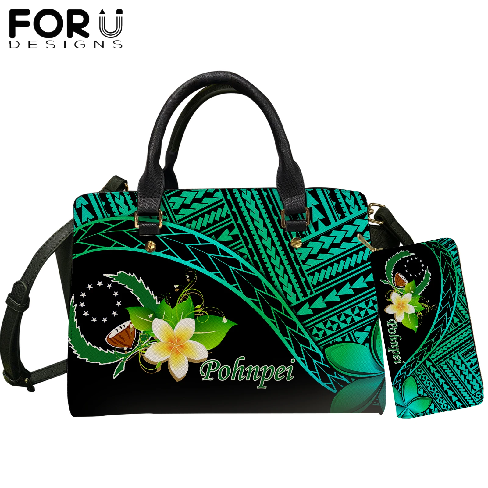 

FORUDESIGNS Brand Designer 2pcs Set Women Luxury Shoulder Bag And Wallets Pohnpei Polynesian Plumeria Prints Ladies Handbags Sac