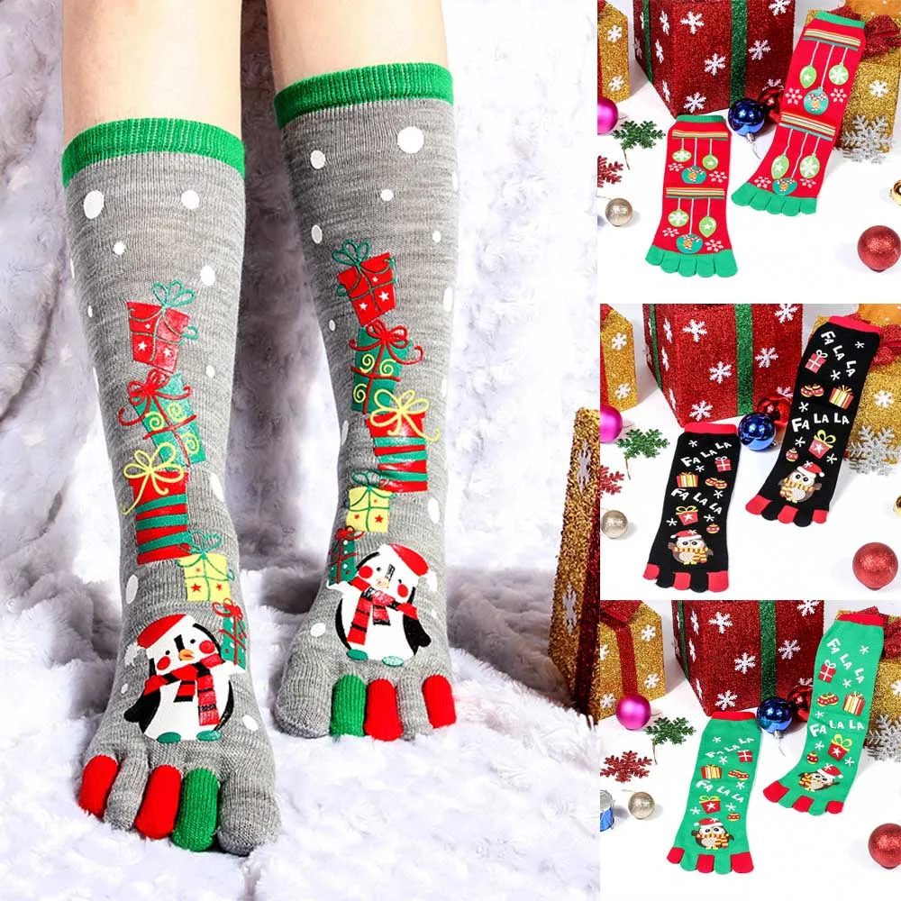 

1 pair Women Happy Funny Cartoon Printed Toe Socks Cotton Snowflake Deer Owl Snowman Five Fingers Socks Soft Sock Christmas Gift