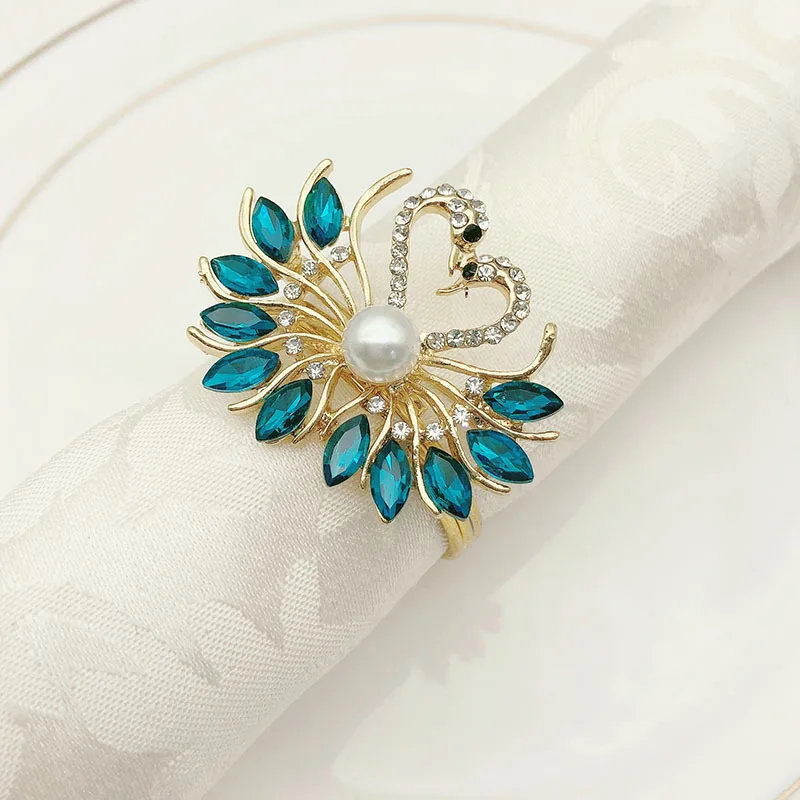 

Gold Blue Stones Jeweled Swan Napkin Rings Set Of 12 Pieces Hand Inlaid Metal Alloy Napkin Ring Home Table Metal Napkin Circles