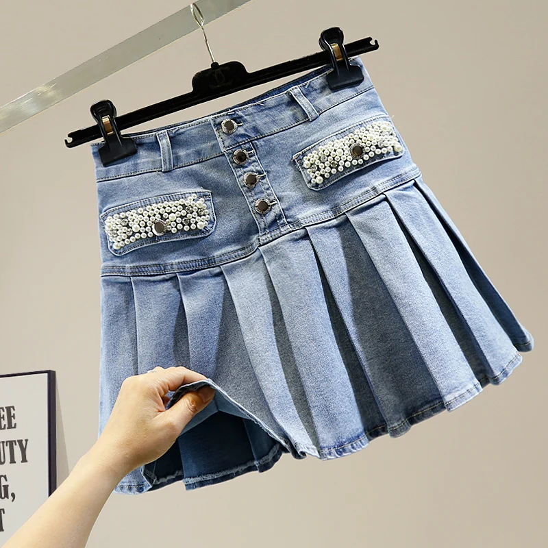 

Тяжелая промышленная джинсовая юбка с бусинами и высокой талией, трапециевидная эластичная джинсовая плиссированная юбка, женские весенне...