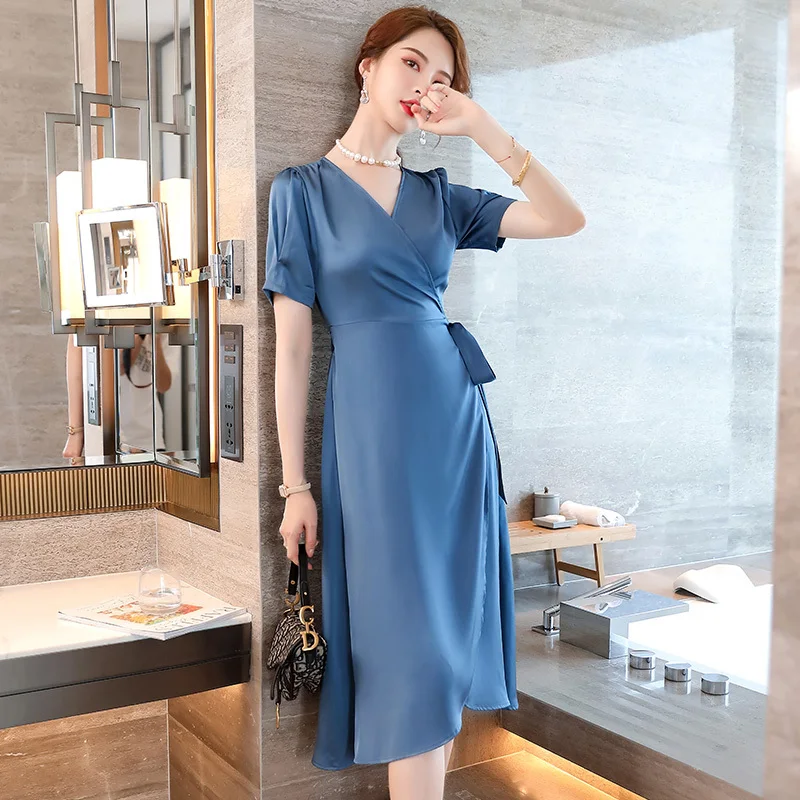 

Summer Short Sleeve Dresses Elegant Blue High Quality Fabric OL Styles Ladies Office Work Wear Dress Beauty Salon Vestido V-neck