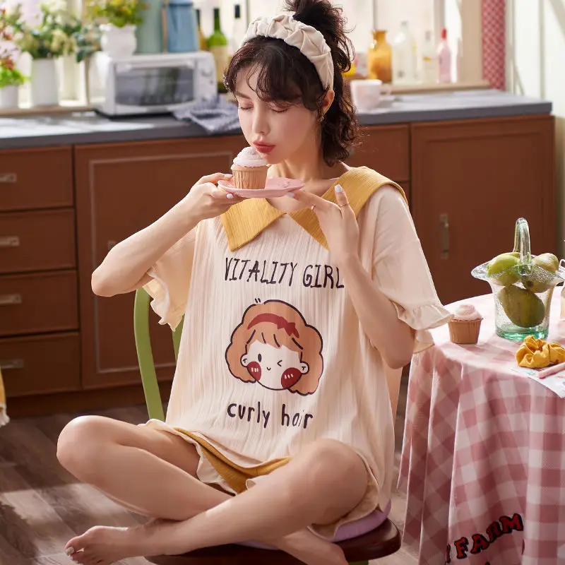 Pajamas Women Summer Short-sleeved Shorts Suit Cool and Cute Princess Style Home Clothes Nightwear Women Soft Pajama Set