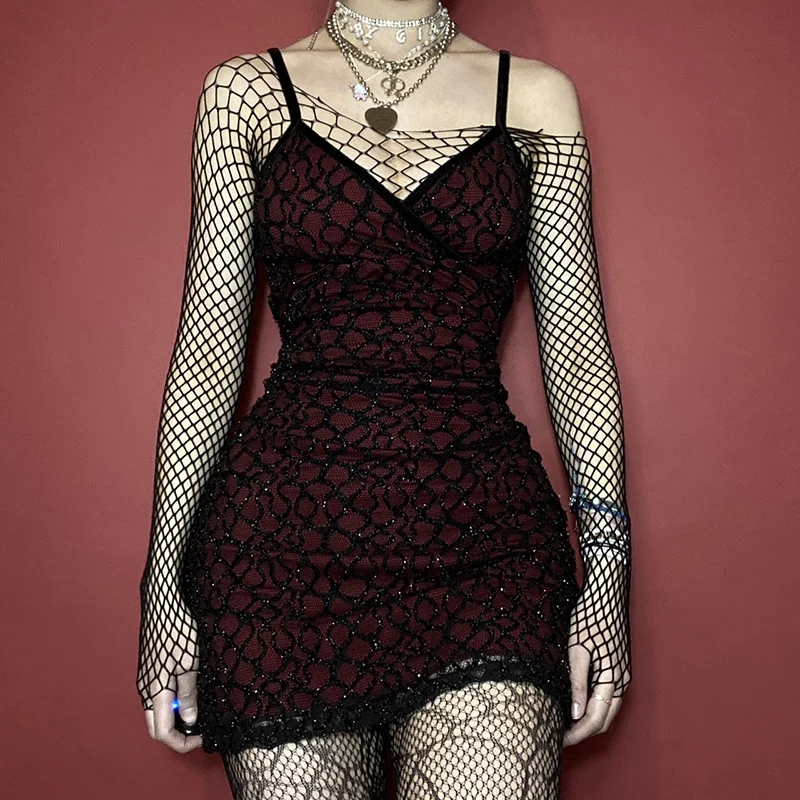 

Helisopus Sexy Mesh Sleeveless Glitter Party Dress Women Grunge Gothic Red Mini Bodycon Dress Streetwear New V-Neck Club Wear