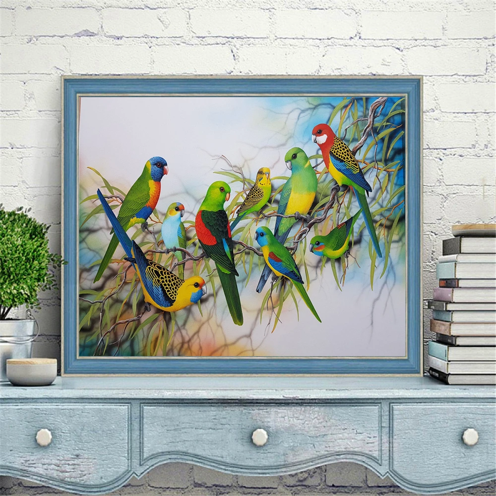 

HUACAN Parrot Cross Stitch White Canvas DIY Home Decoration 14CT 40x50cm Embroidery Animals Kits Needlework Sets